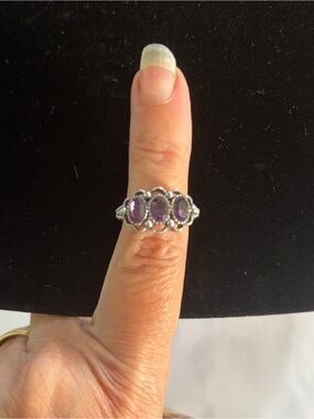 Vintage Avon Silver-Tone Ring with Three Purple Amethyst Colored Stones